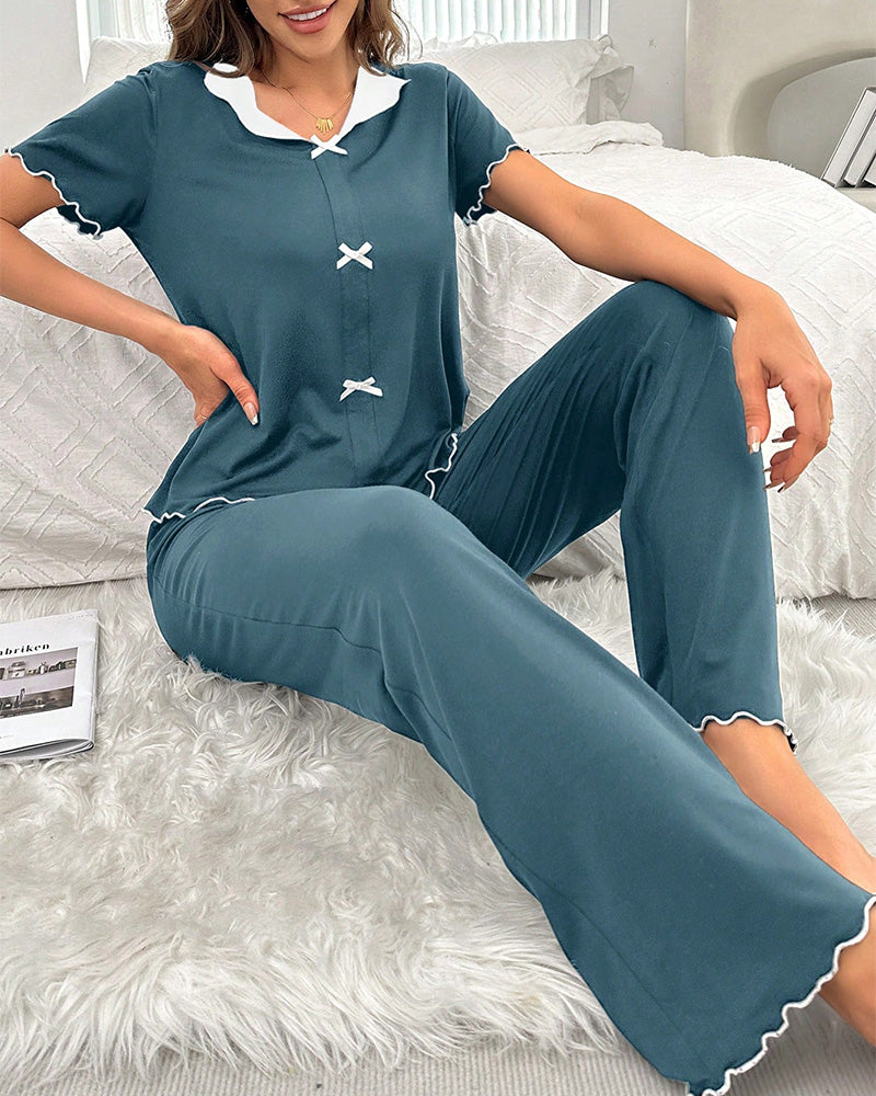 Curvvvy® DreamWear – Lace Trim Loose Short-Sleeve & Long Pants Pajama Set (5 Colors) curvvvy