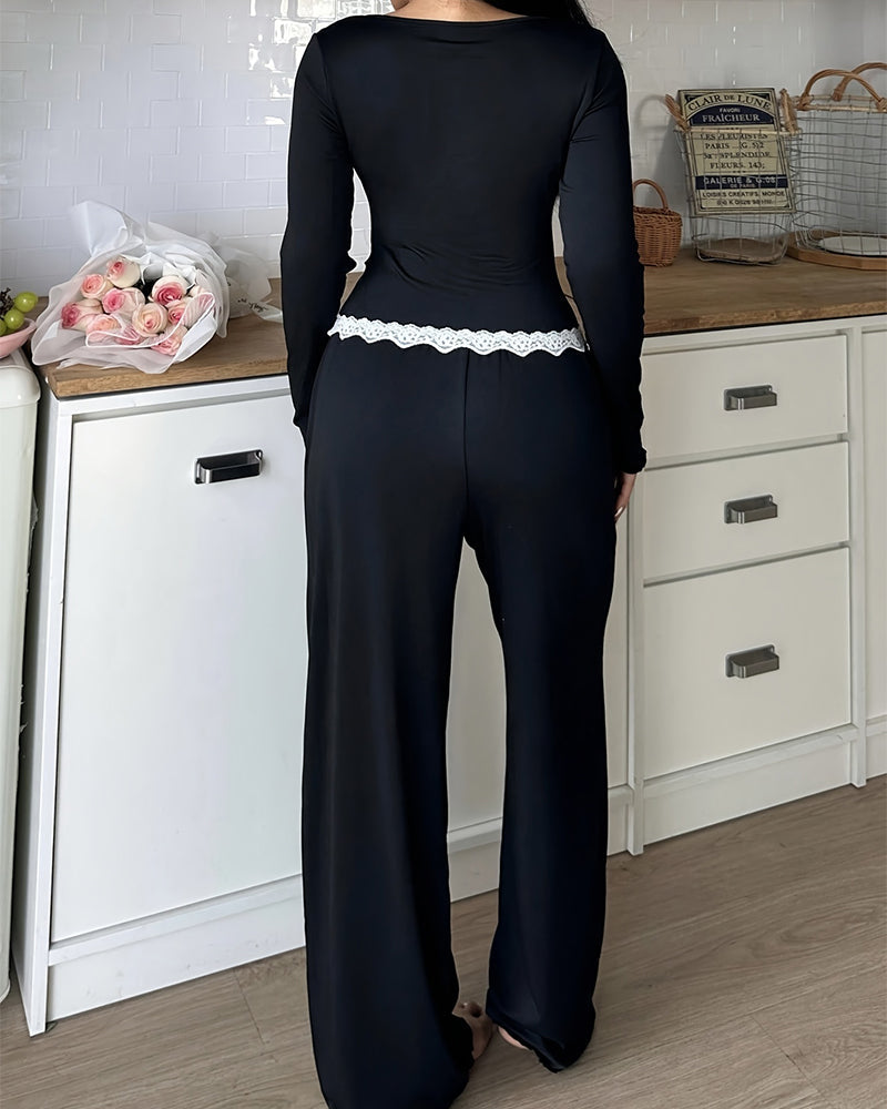 Curvvvy® CozyEase – Black Long-Sleeve Lace-Trim Pajama Set curvvvy
