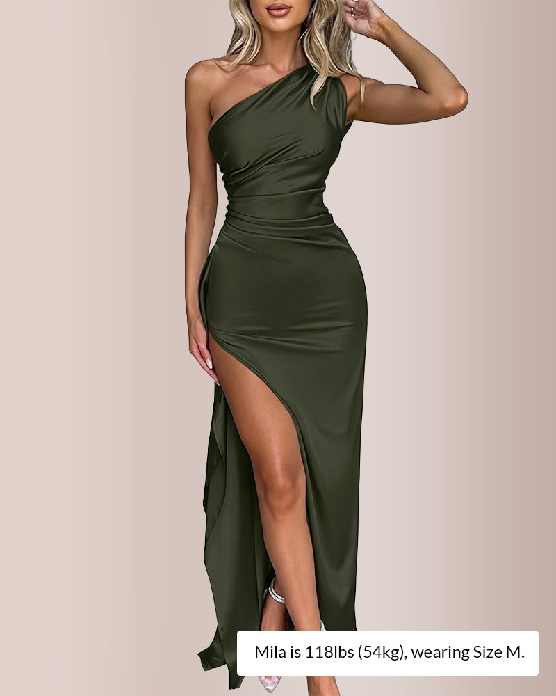 One Shoulder Satin High Split Maxi Dress Curvvvy-US