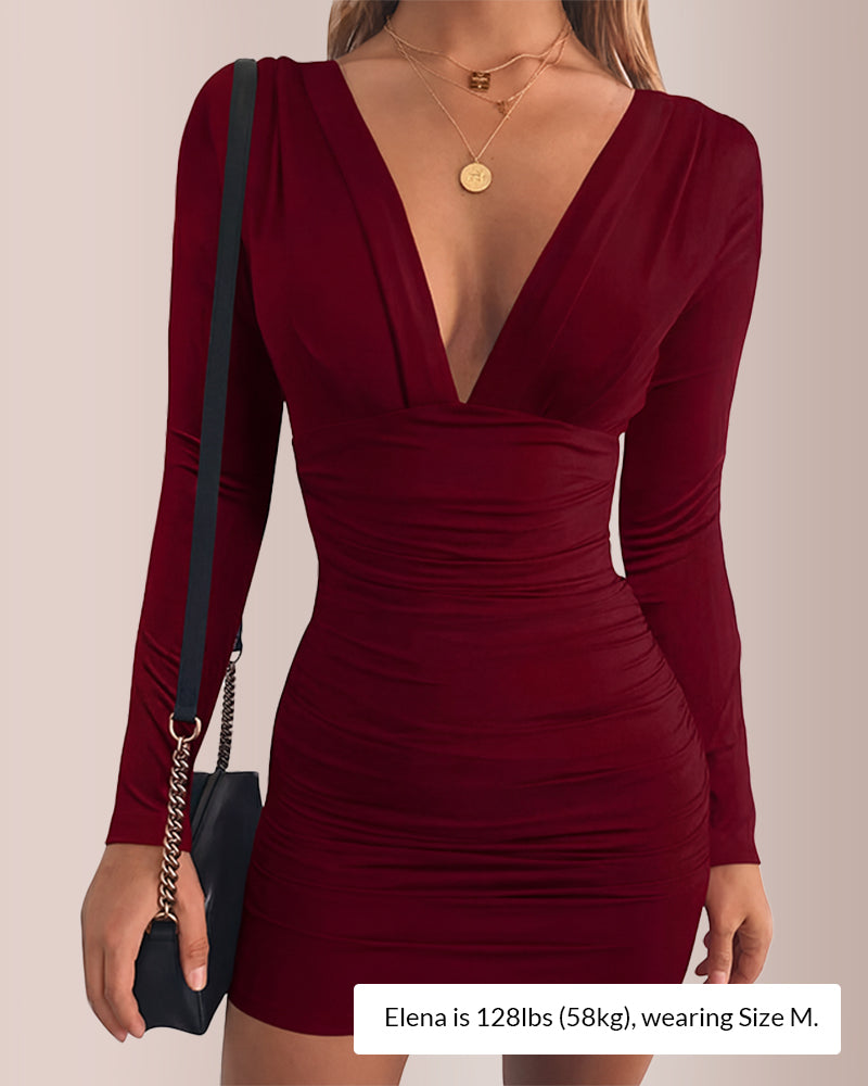 V-Neck Long Sleeve Ruched Bodycon Dress Curvvvy-US