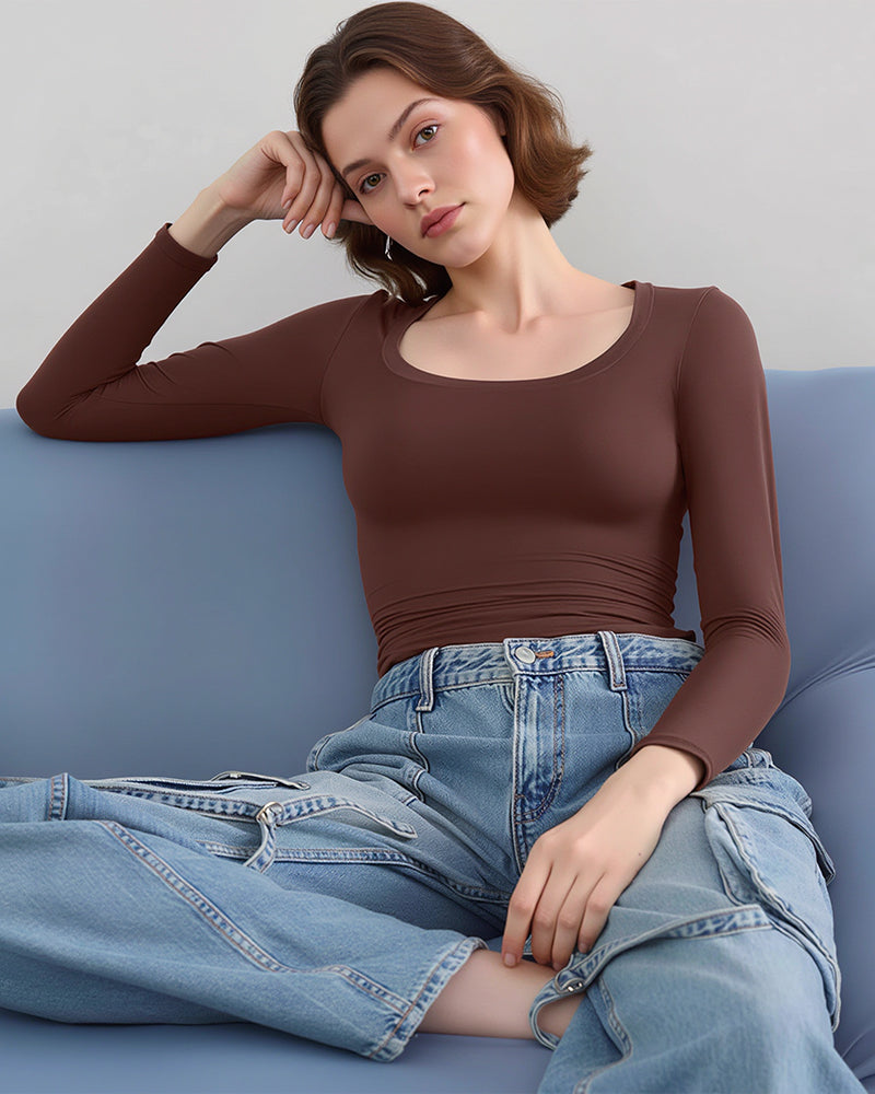 Curvvvy® Women’s Scoop Neck Double-Layer Long Sleeve Slim Top