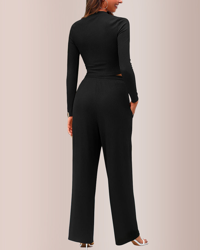 Curvvvy® Ribbed Knit Crop Top & Wide-Leg Lounge Set