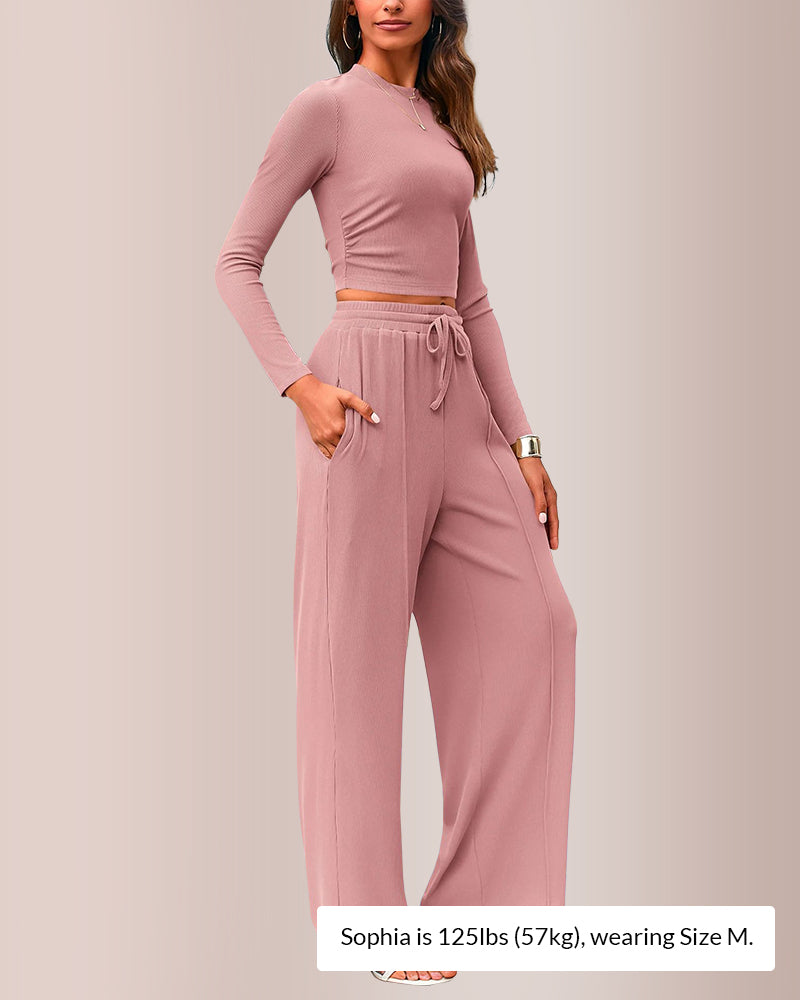 Curvvvy® Ribbed Knit Crop Top & Wide-Leg Lounge Set
