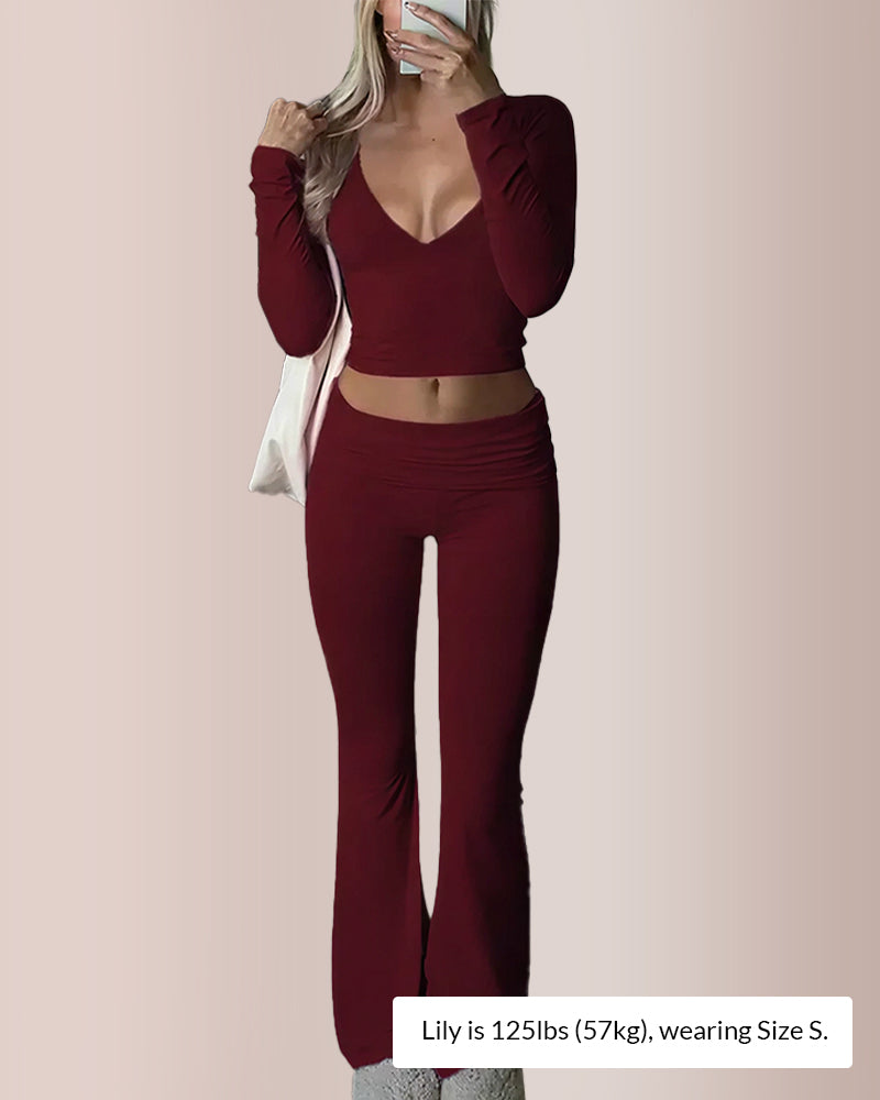 Curvvvy® Slim-Fit V-Neck Crop Top & Pants Set