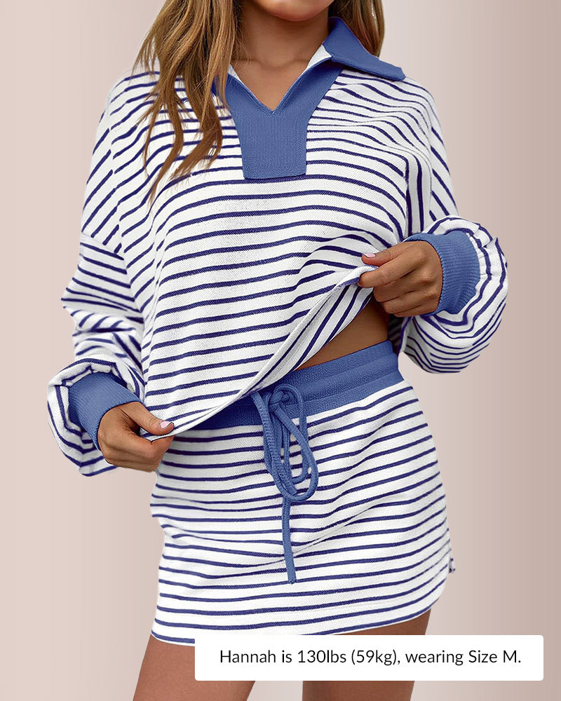 Curvvvy®Striped 2 Piece Outfits Casual Sweatshirt Skirt Set