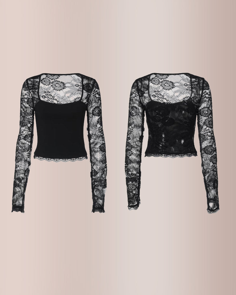 Curvvvy®Sheer Lace Floral Long Sleeve Top