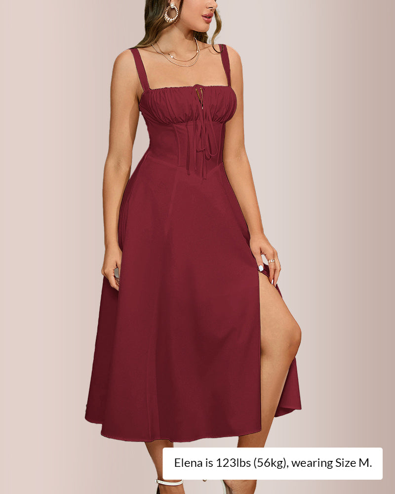 Curvvvy® Structured Bust Ruched Tie-Front High Slit Midi Dress