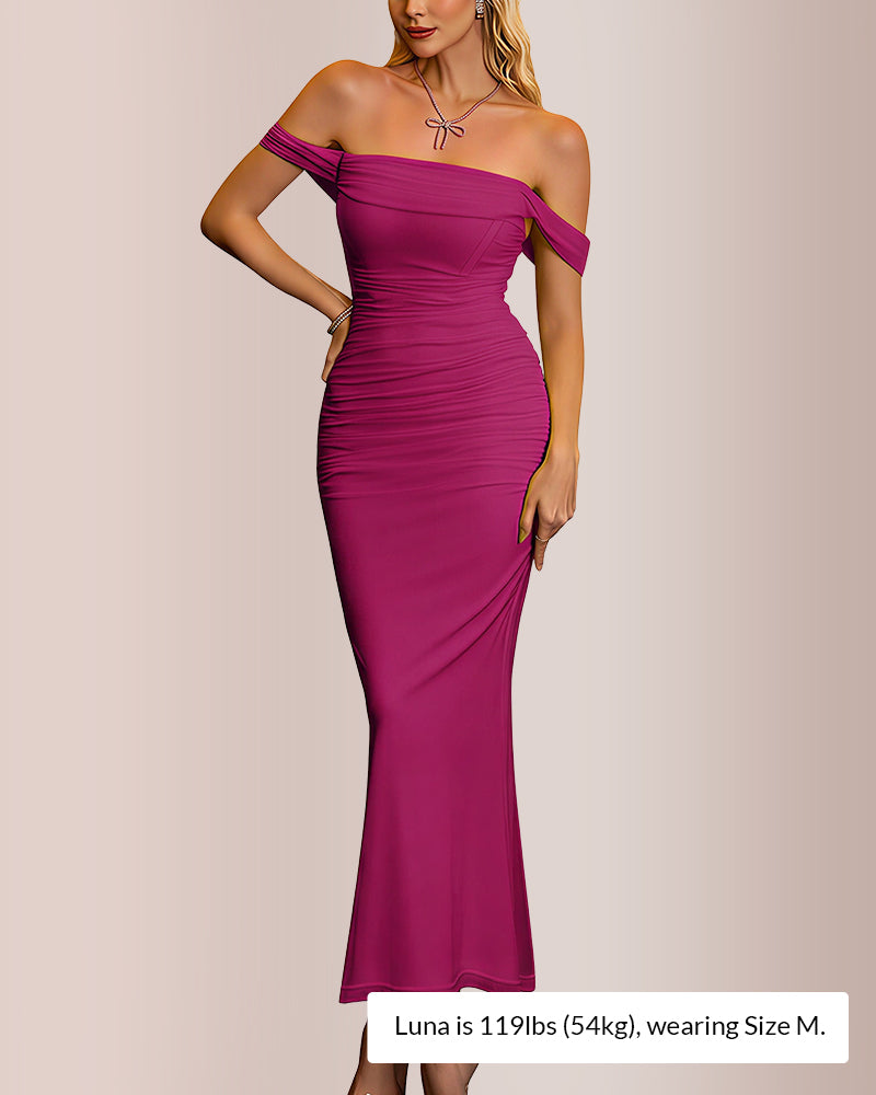 Curvvvy® Ruched Mesh Off-Shoulder Bodycon Maxi Dress