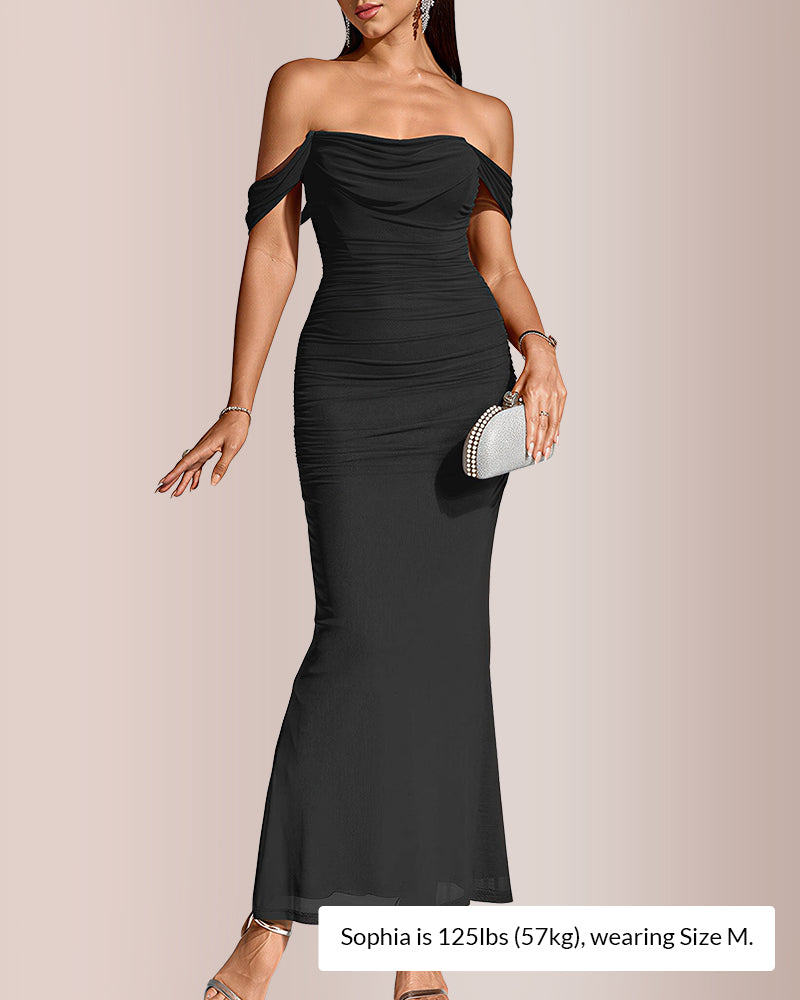 Curvvvy® Ruched Mesh Off-Shoulder Bodycon Maxi Dress