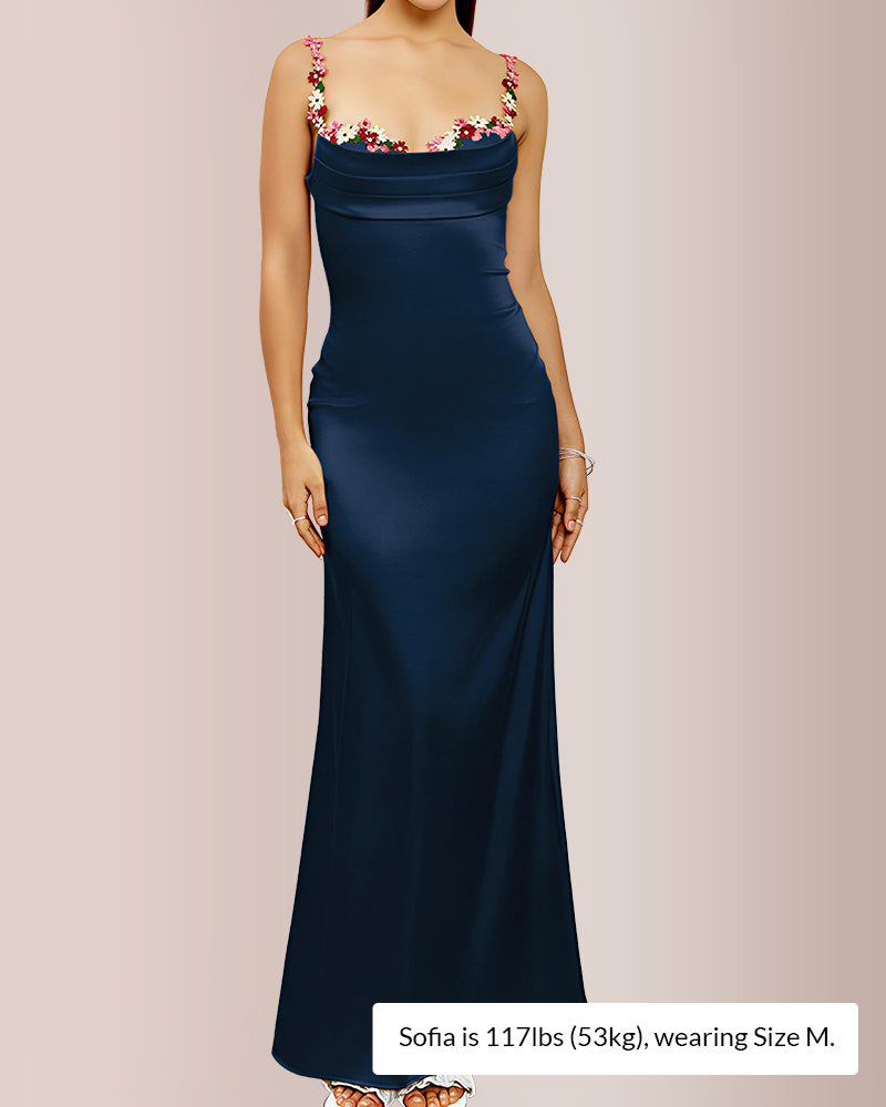 Curvvvy® Floral Embroidered Strap Cowl Neck Satin Maxi Dress