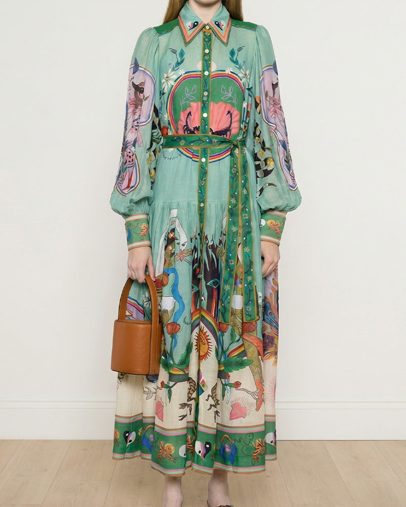 Curvvvy® Coastal Print Lantern Sleeve Maxi Shirt Dress