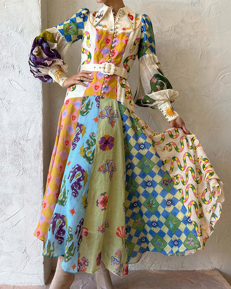 Curvvvy® Coastal Print Lantern Sleeve Maxi Shirt Dress