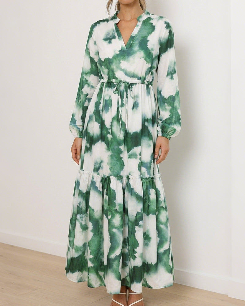 Curvvvy® Coastal Print Lantern Sleeve Maxi Shirt Dress