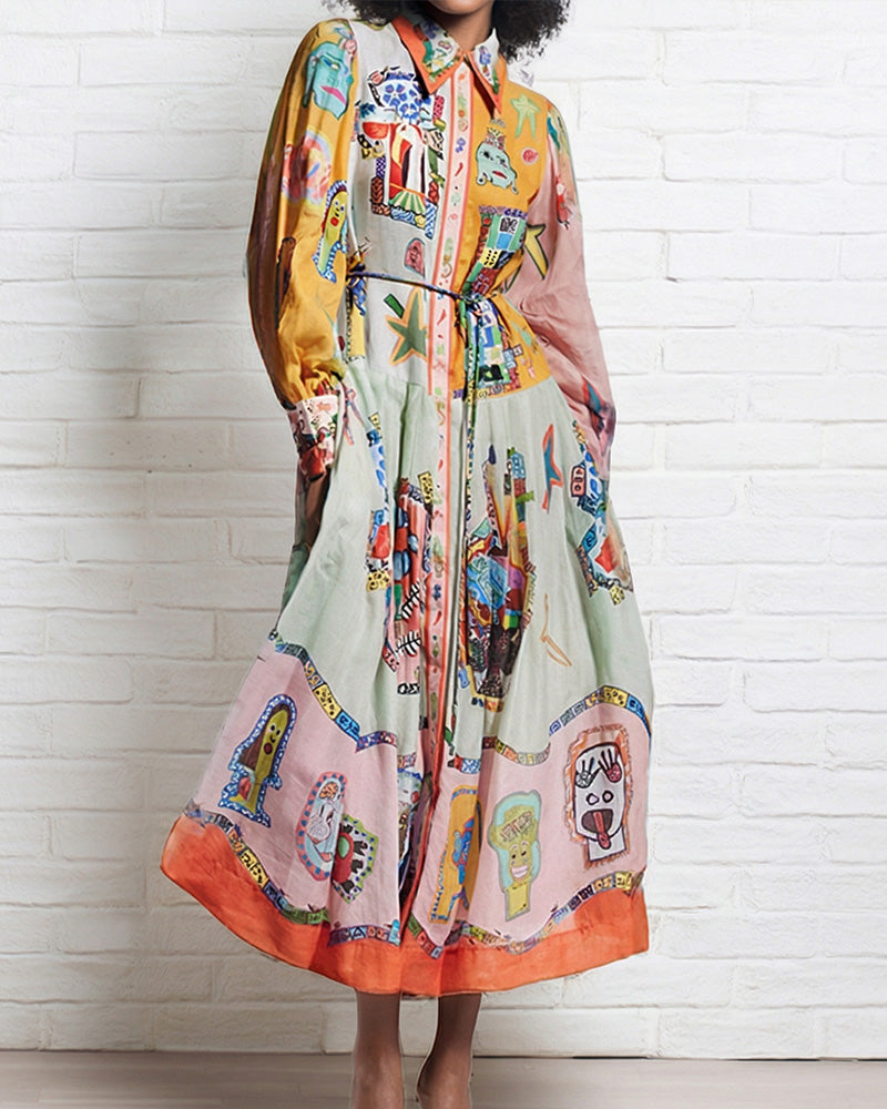 Curvvvy® Coastal Print Lantern Sleeve Maxi Shirt Dress