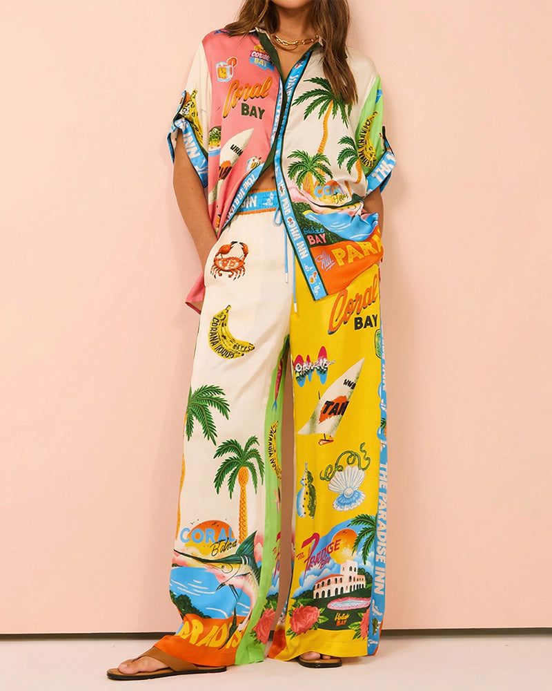 Curvvvy® Artistic Graffiti Oversized Shirt & Wide-Leg Pant Set