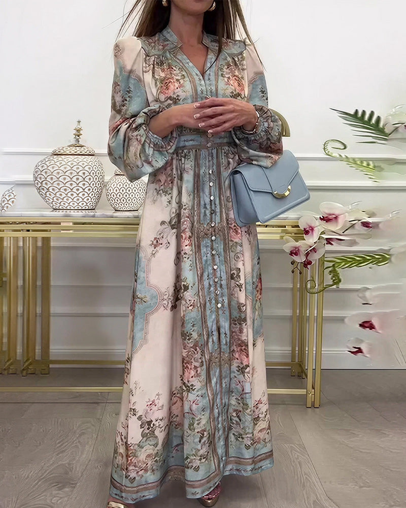 Curvvvy® Baroque Floral Print V-Neck Long Sleeve Maxi Dress