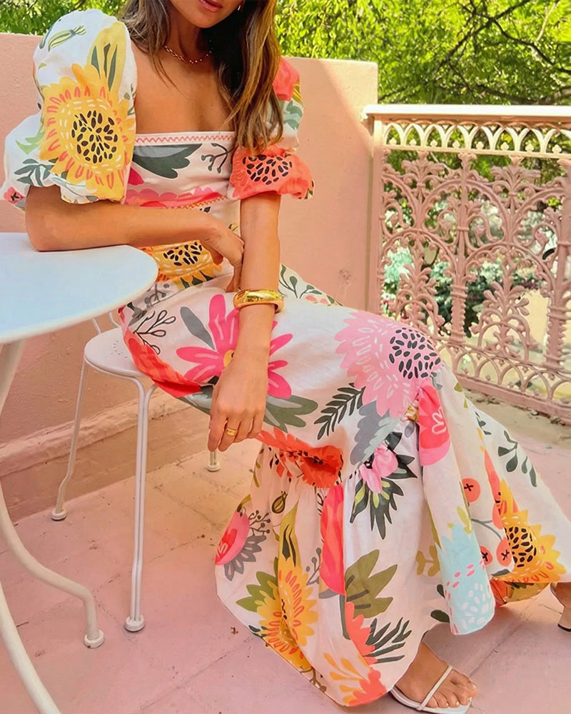 Curvvvy® Square Neck Bubble Sleeve Long Dress