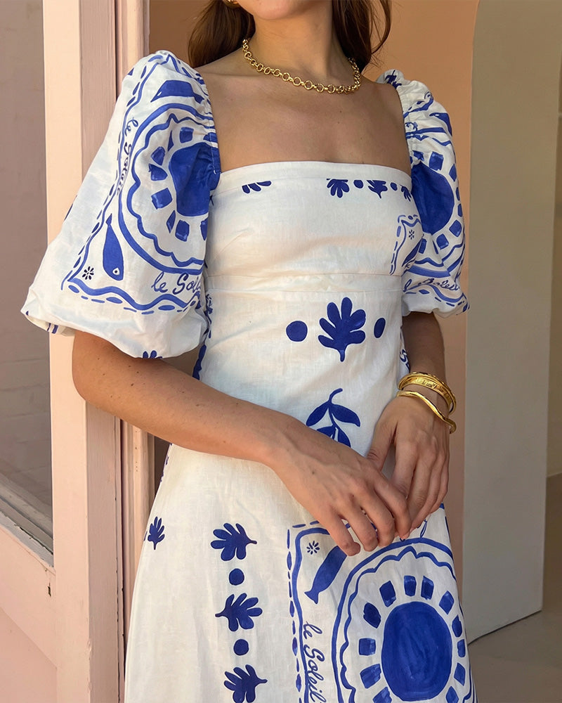 Curvvvy® Square Neck Bubble Sleeve Long Dress