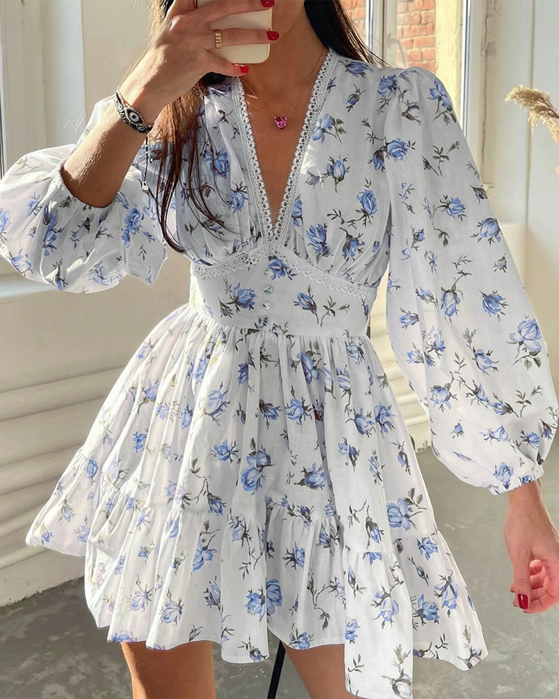 Curvvvy® Deep V-Neck Lace Trim Floral Puff Sleeve Mini Dress