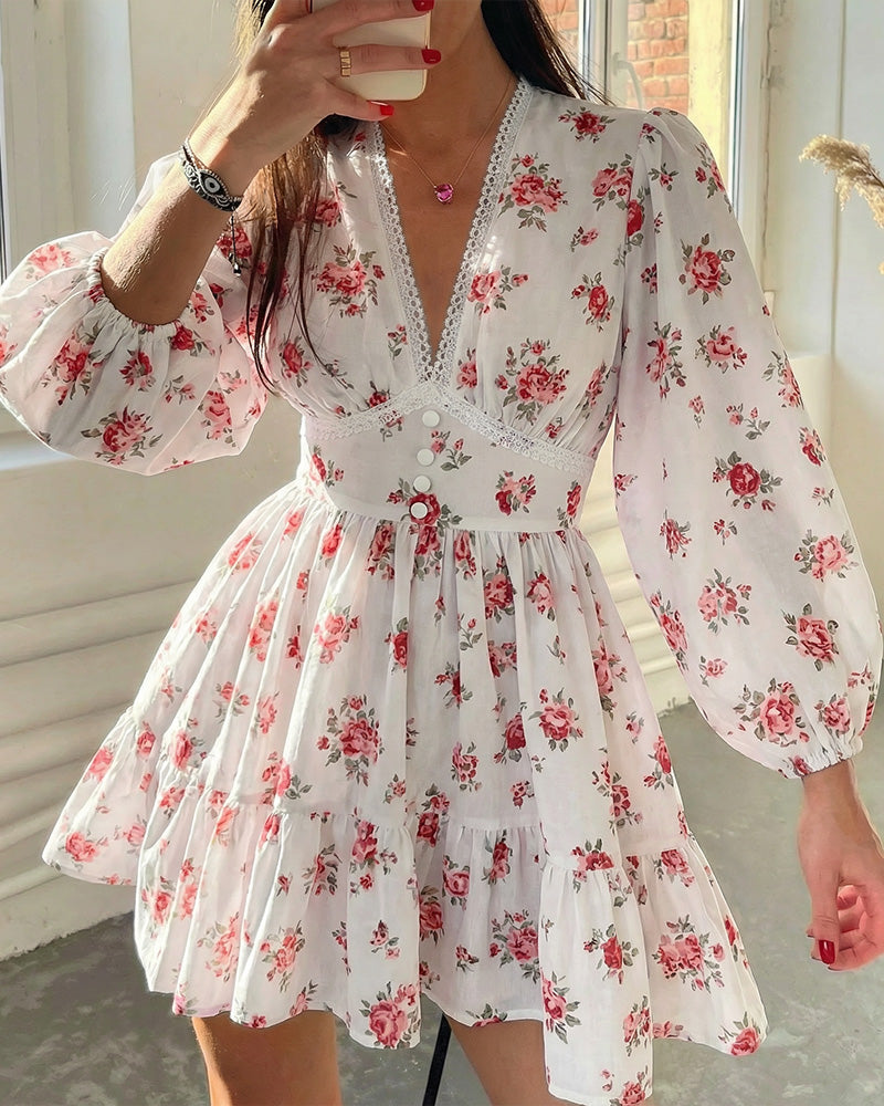 Curvvvy® Deep V-Neck Lace Trim Floral Puff Sleeve Mini Dress