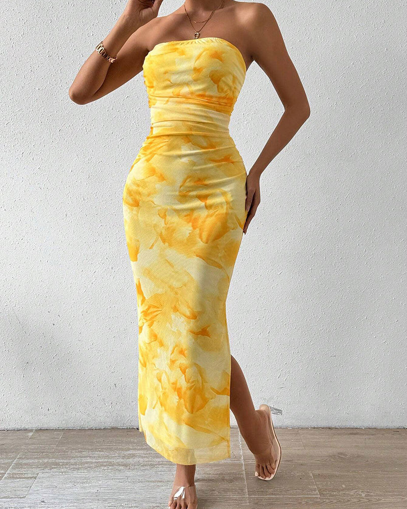 Curvvvy® Yellow Floral High-Slit Bodycon Vacation Dress