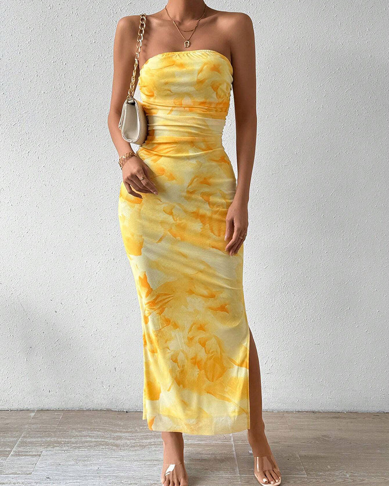 Curvvvy® Yellow Floral High-Slit Bodycon Vacation Dress