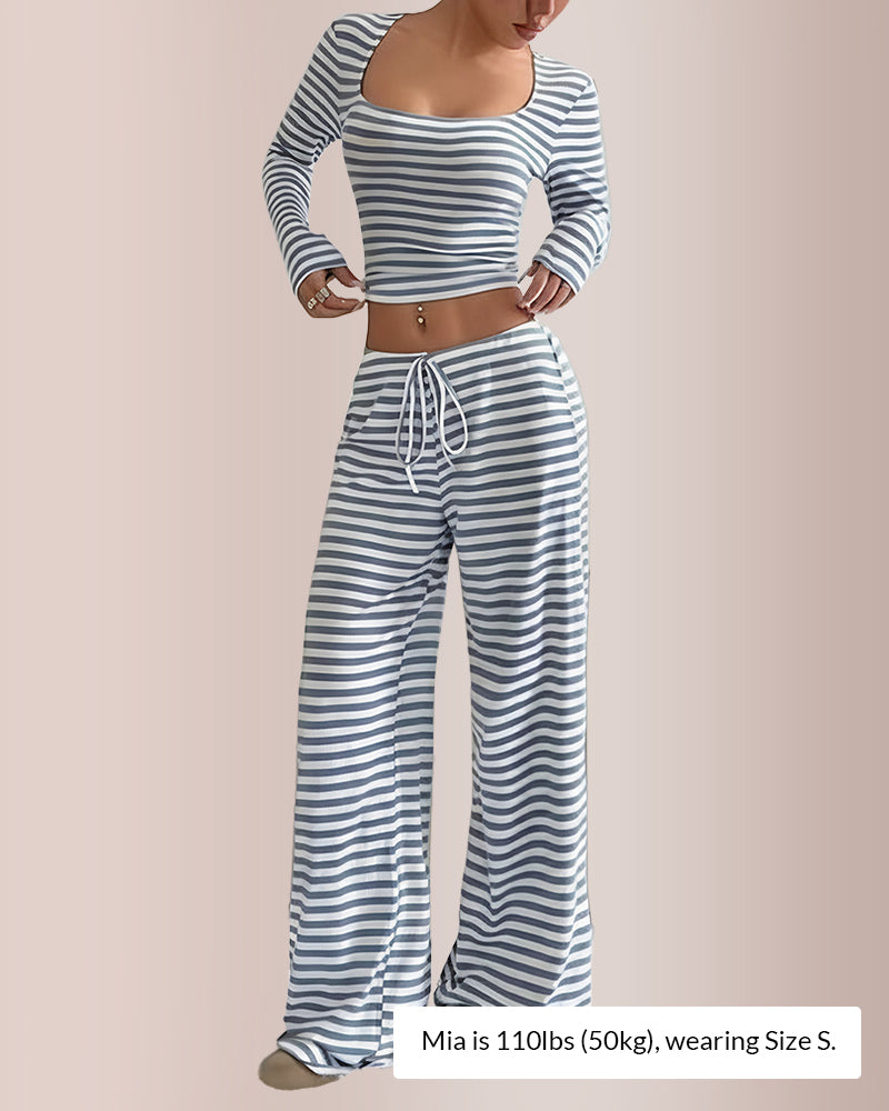 Curvvvy® Women’s Stripe Square Neck Crop Top & Wide Leg Pants Set