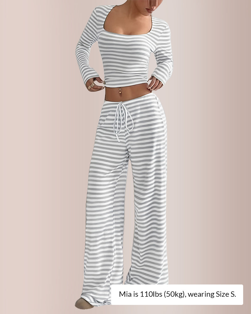 Curvvvy® Women’s Stripe Square Neck Crop Top & Wide Leg Pants Set