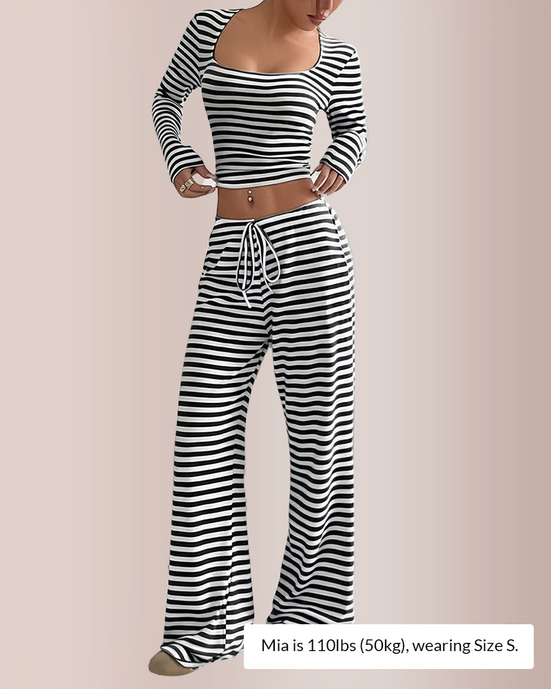 Curvvvy® Women’s Stripe Square Neck Crop Top & Wide Leg Pants Set