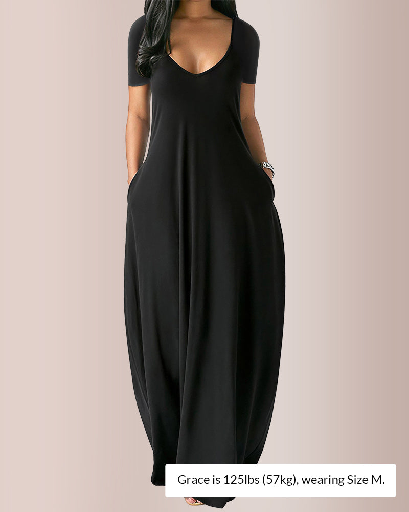 Curvvvy® Plus Size V-Neck Loose Fit Maxi Dress with Pockets