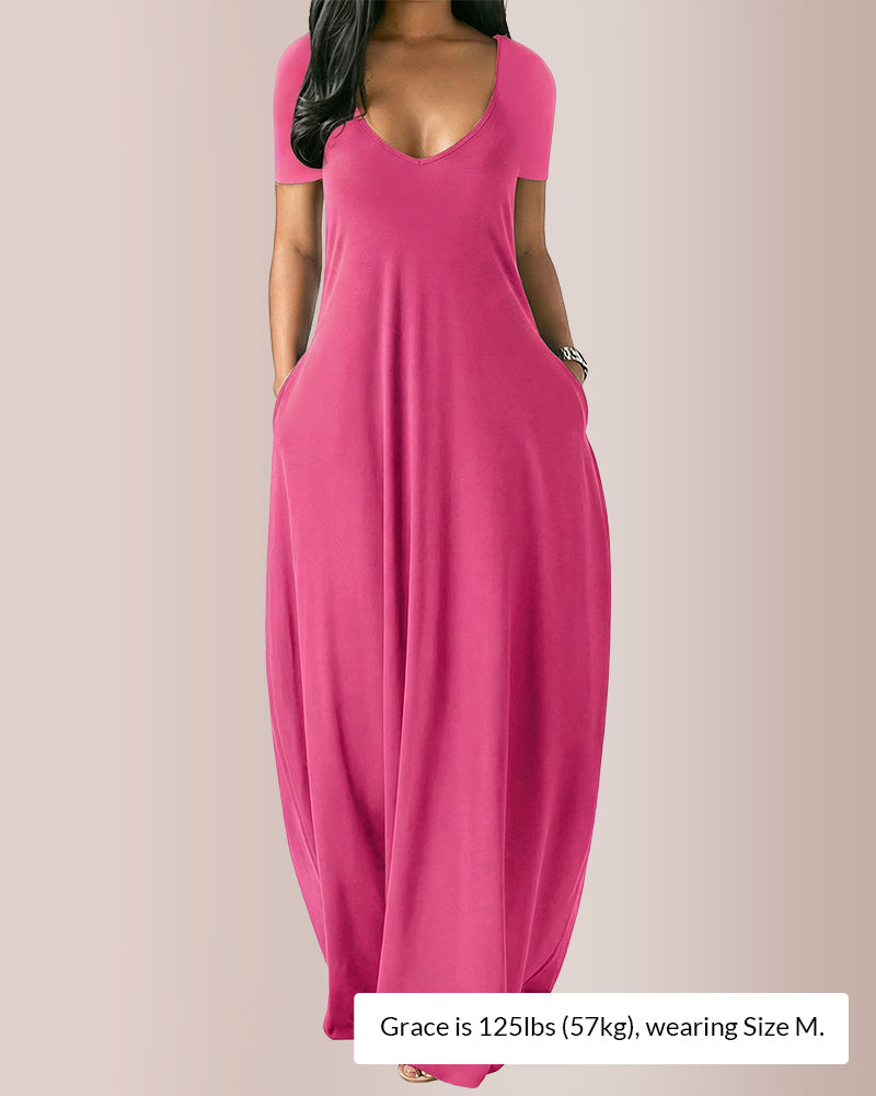 Curvvvy® Plus Size V-Neck Loose Fit Maxi Dress with Pockets