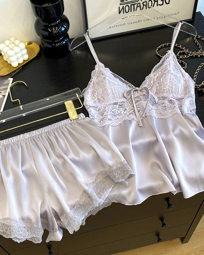 Curvvvy® Lace Trim Satin Cami & Shorts Pajama Set