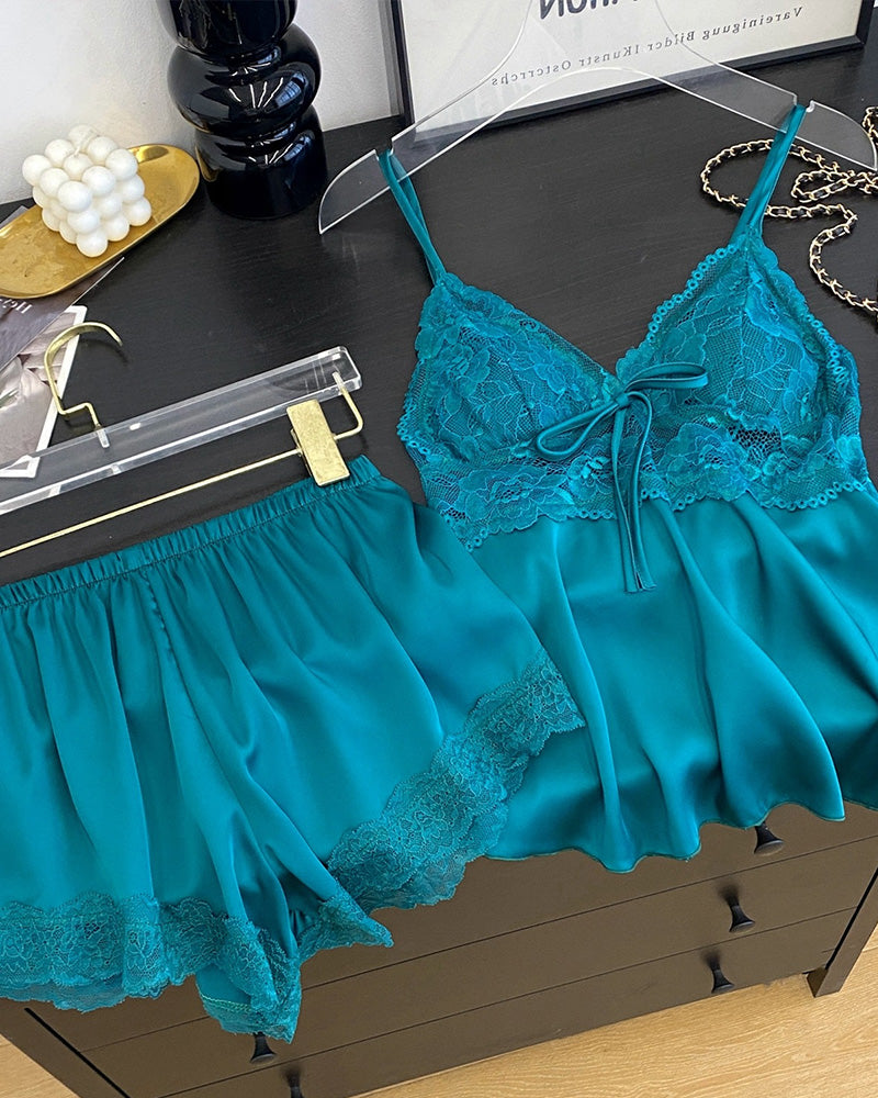 Curvvvy® Lace Trim Satin Cami & Shorts Pajama Set