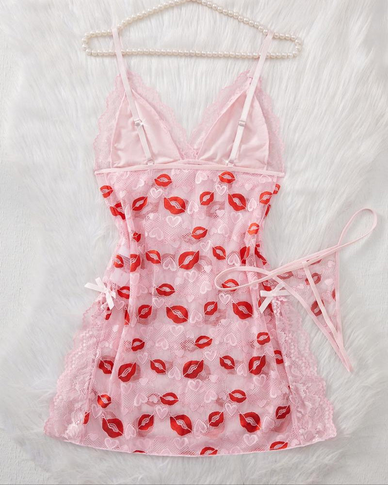 Curvvvy® Kiss Print Lace Babydoll Lingerie Set