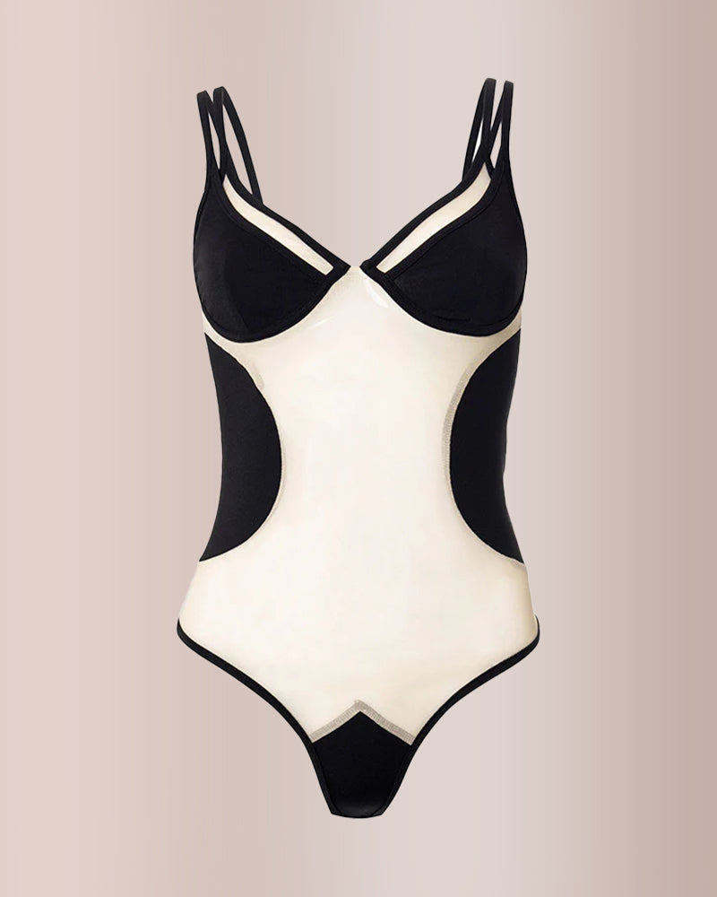 Curvvvy® Trendy Black Tulle Patchwork Sexy Sheer Bodysuit Swimwear