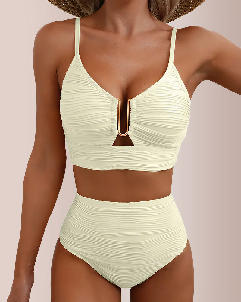 Curvvvy® U-Shaped Cutout High-Waisted Textured Swimsuit Set