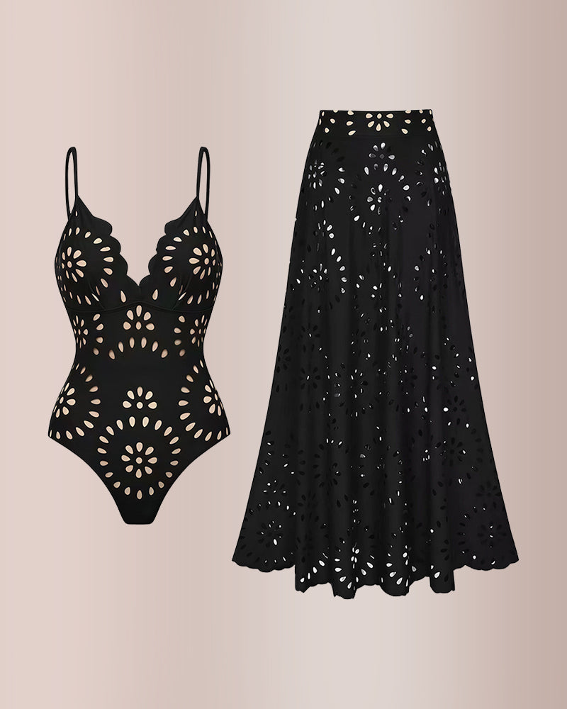 Curvvvy® Laser Cut One-Piece Swimwear & Cover Skirt Set