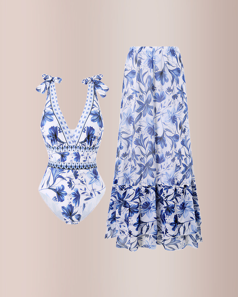 Curvvvy® V Neck Lace Up Printed One Piece Swimwear and Skirt