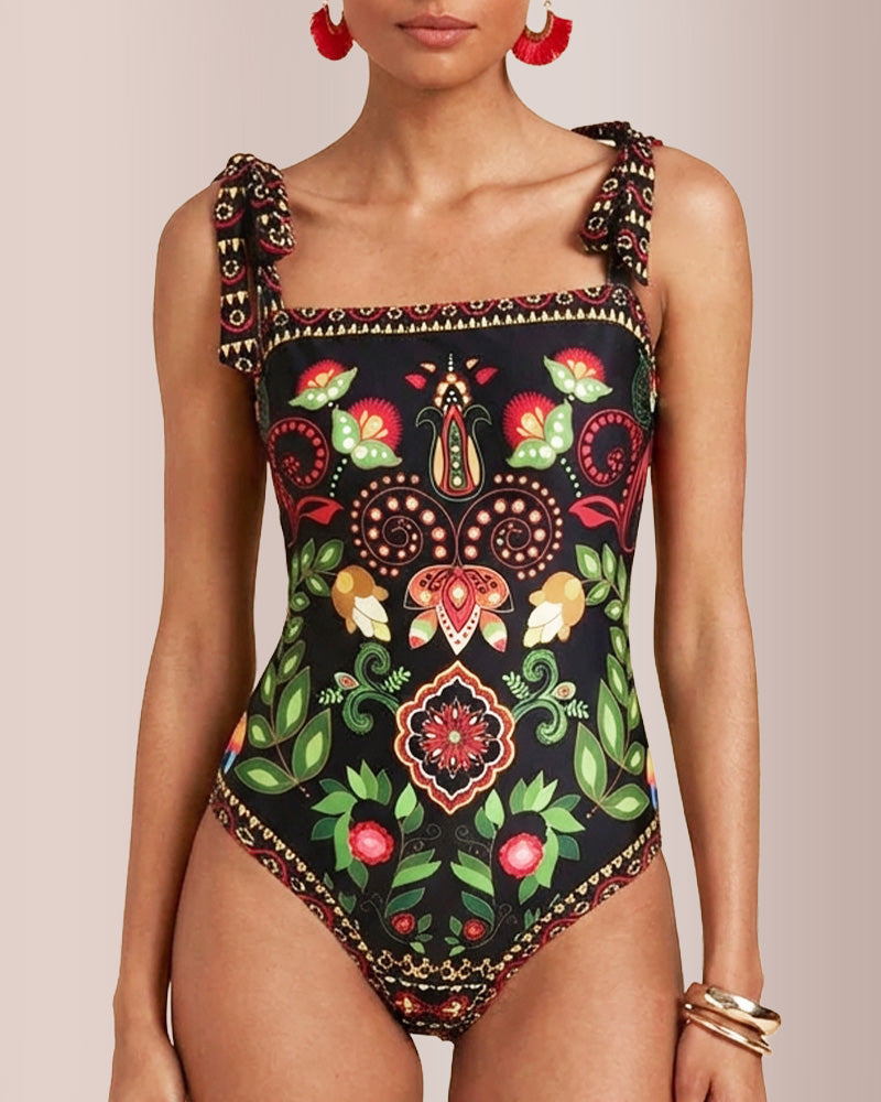 Curvvvy®Bohemian Floral Tie-Shoulder Swimsuit