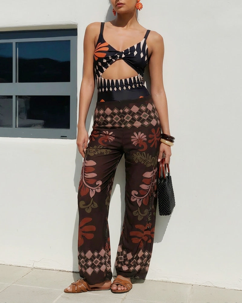 Curvvvy®Retro Print Mesh Pant Modest Swimsuit Set
