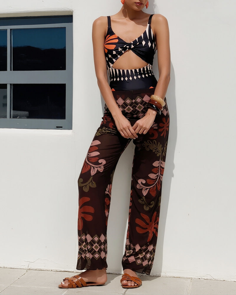 Curvvvy®Retro Print Mesh Pant Modest Swimsuit Set
