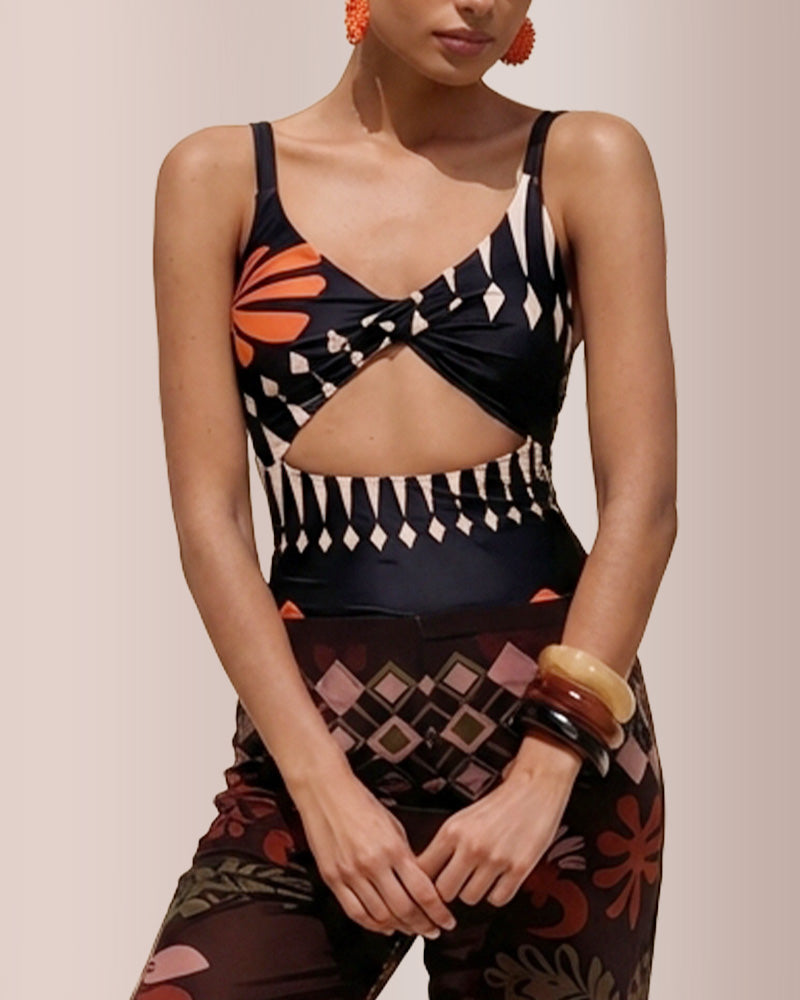 Curvvvy®Retro Print Mesh Pant Modest Swimsuit Set