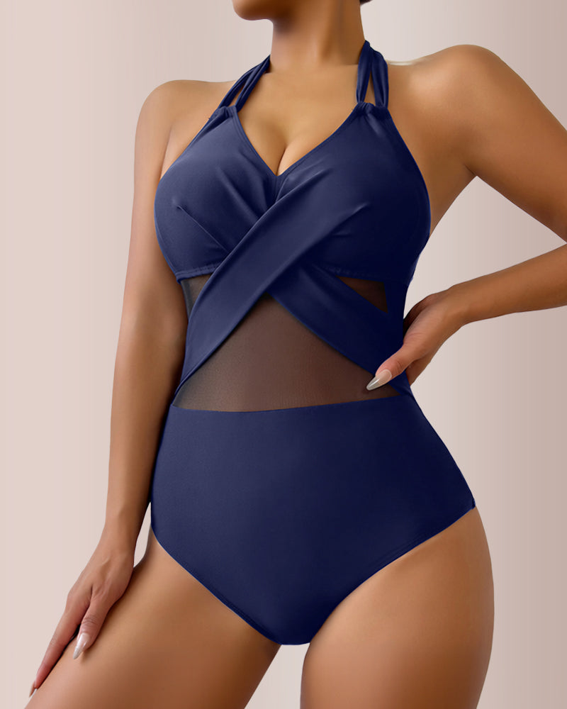 Curvvvy® Criss-Cross Mesh Halter One-Piece Swimwear