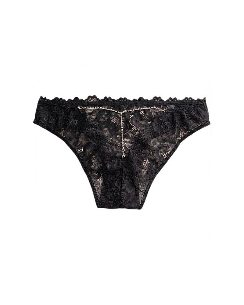 Curvvvy® Low-Rise Rhinestone Chain Sheer Floral Lace Thong Panties