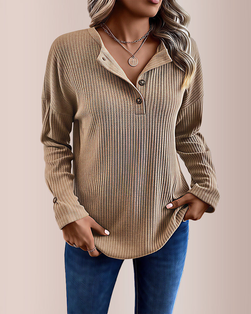 Curvvvy® Solid Rib-Knit Half Button Long Sleeve T-Shirt