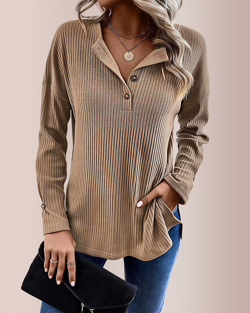 Curvvvy® Solid Rib-Knit Half Button Long Sleeve T-Shirt