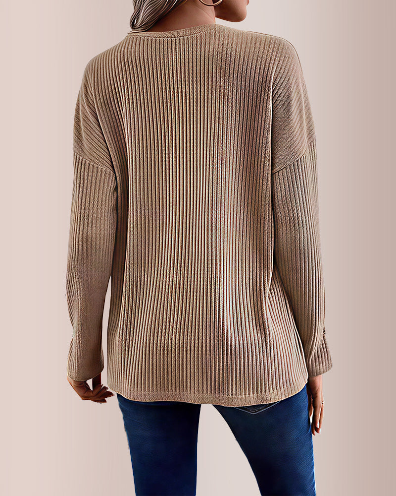 Curvvvy® Solid Rib-Knit Half Button Long Sleeve T-Shirt