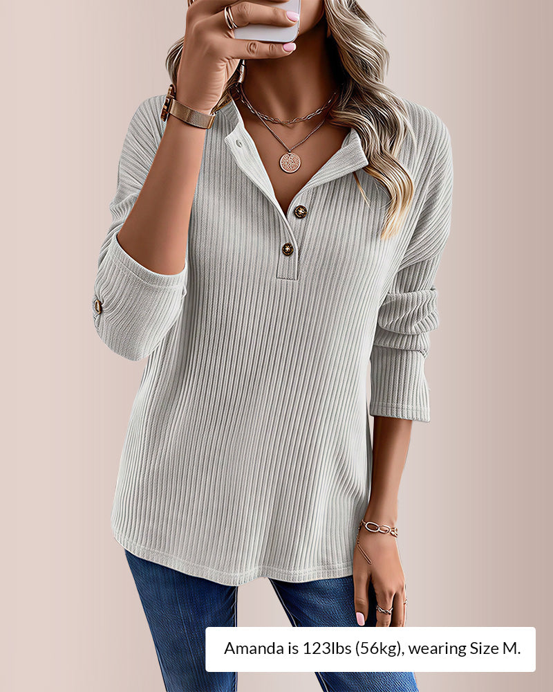 Curvvvy® Solid Rib-Knit Half Button Long Sleeve T-Shirt