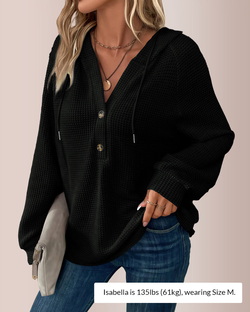 Curvvvy® Waffle Knit Half-Button Hooded Top