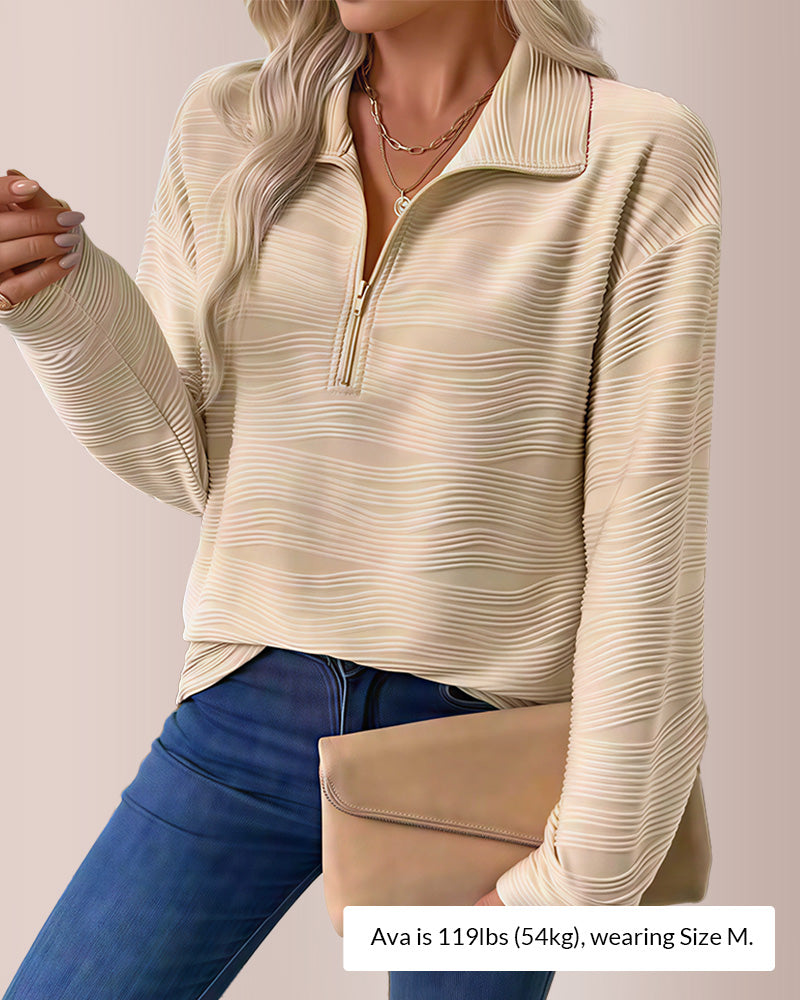 Curvvvy® Textured Zipper Front Long Sleeve T-Shirt